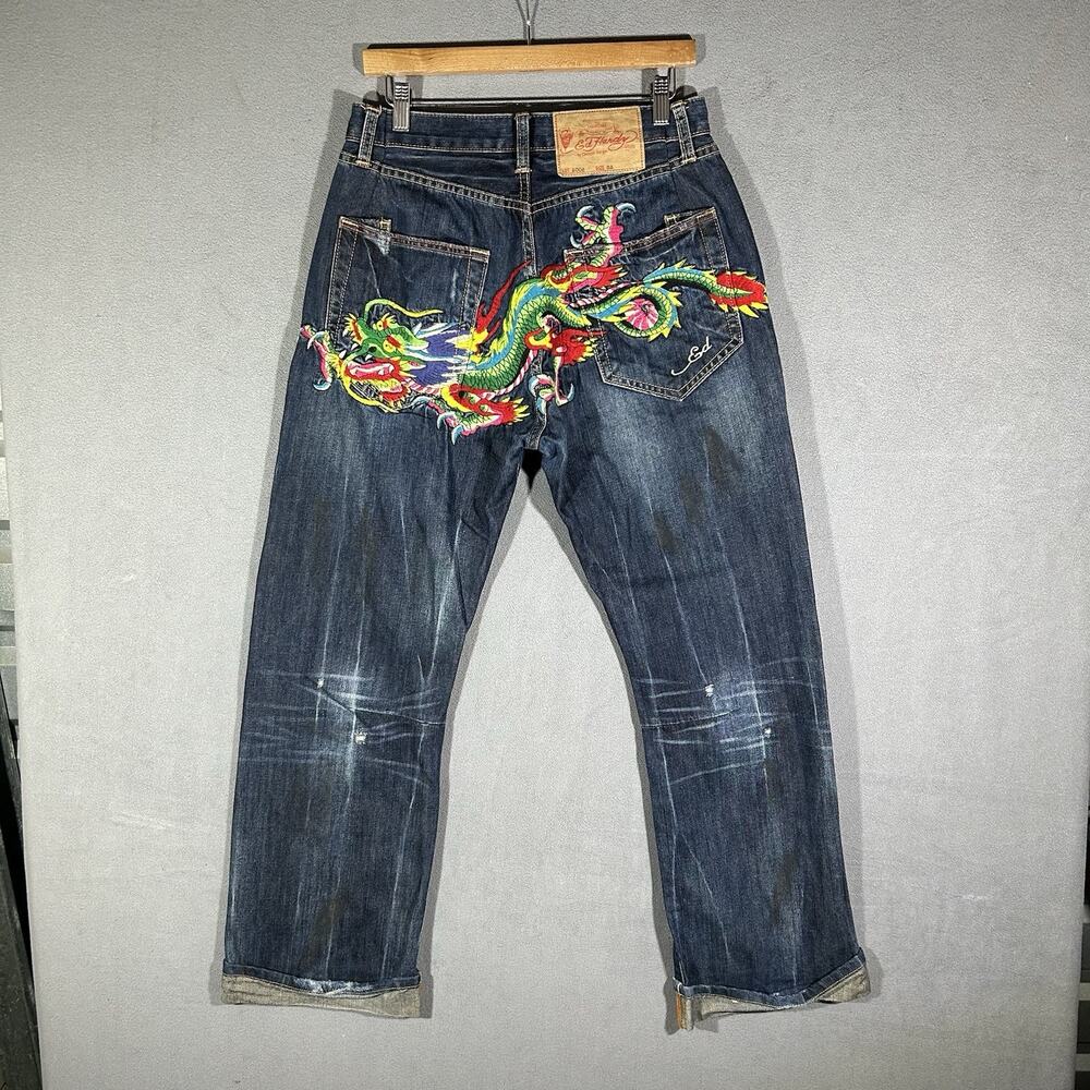 Ed Hardy Jeans Men 31x29 Japan Tiger Dragon Floral Tattoo Embroidered Rare Grail
